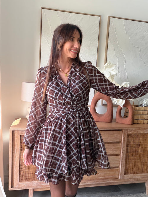 Robe courte à carreaux marron et bleu ciel décolleté croisé – ALICIA – photo 3