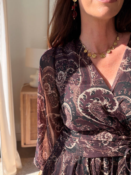 Robe courte bordeaux imprimé cachemire col V – MARTINA – photo 4