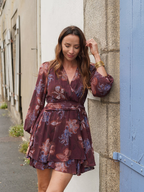 Robe courte fleurie bordeaux col V manches longues – ANIA – photo 2