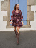 Robe courte fleurie bordeaux col V manches longues – ANIA – photo 3