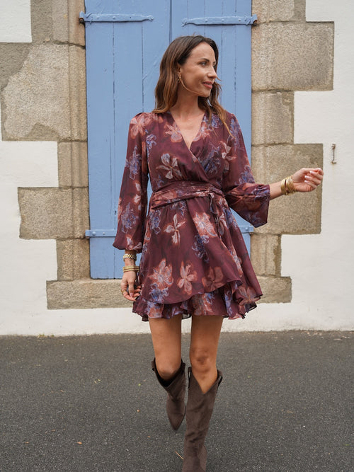 Robe courte fleurie bordeaux col V manches longues – ANIA – photo 4