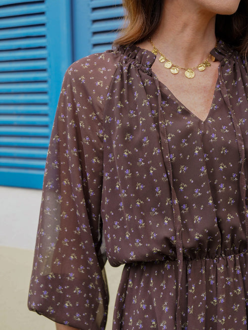 Robe courte fleurie chocolat – ROBE GAELLE – TAMASHOP – vue 10
