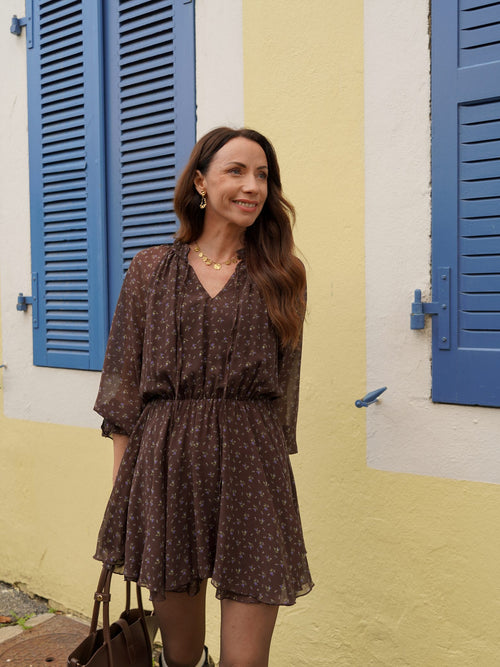 Robe courte fleurie chocolat – ROBE GAELLE – TAMASHOP – vue 5