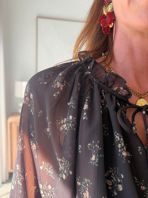 Robe courte fleurie marron volants dentelle doublée – SWANY – photo 2