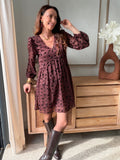 Robe courte marron à fleurs noires col V manches longues – MARIANA – photo 3