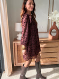 Robe courte marron à fleurs noires col V manches longues – MARIANA – photo 4