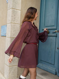 Robe courte en voile marron décolleté à volants – ALYA – photo 2
