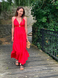 Robe longue rouge fluide bretelles réglables broche soleil – NEVA – photo 3
