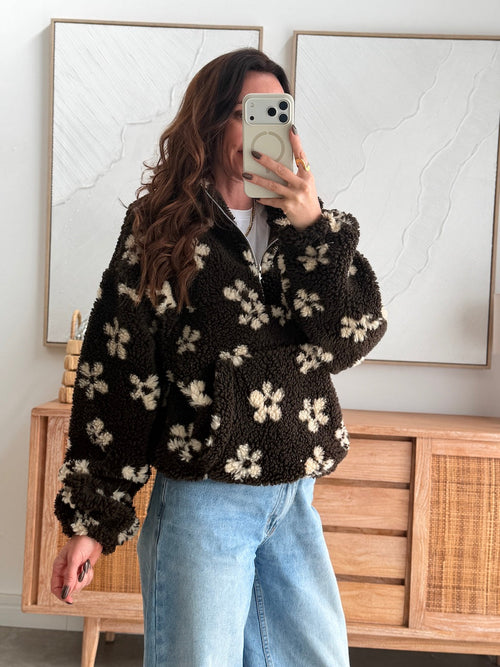 Sweat femme imprimé fleuri col zippé marron et beige – YOUNA – photo 1