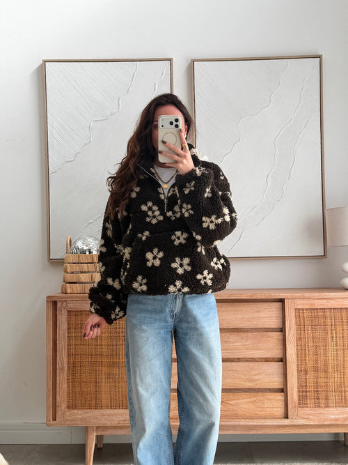 Sweat femme imprimé fleuri col zippé marron et beige – YOUNA – photo 3