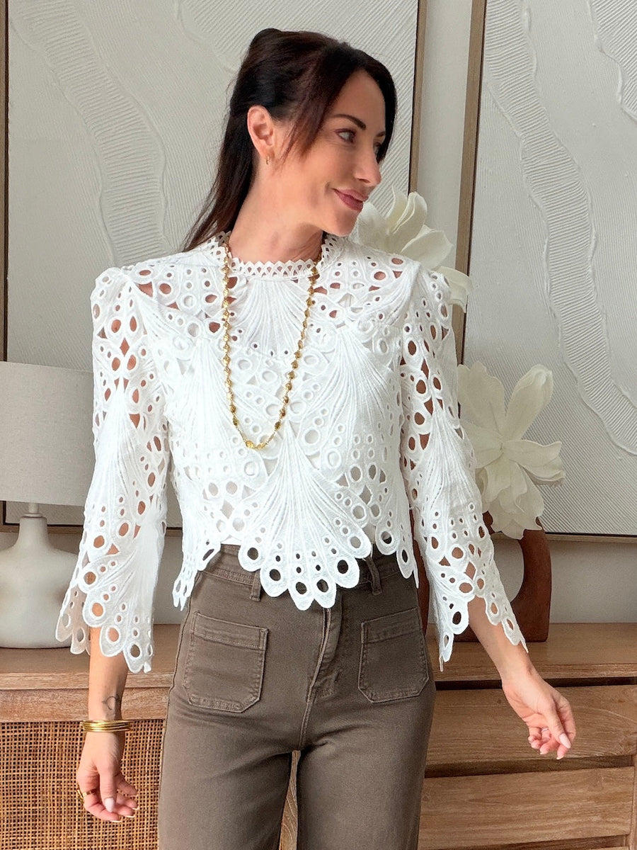 Top blanc ajouré manches longues zip dans le dos – ZOE – photo 1