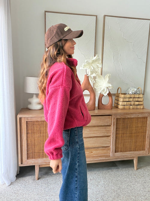 Veste effet bouclette framboise zippée col montant – CELINE – photo 3