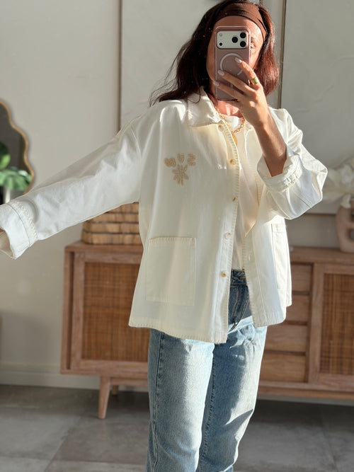 Veste femme blanche et beige brodée Sun deux poches – PALMA – photo 4