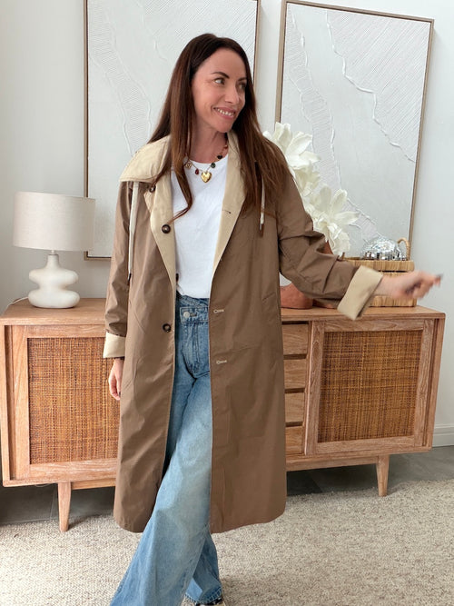 Veste longue réversible beige et marron à capuche – VENUS – photo 1