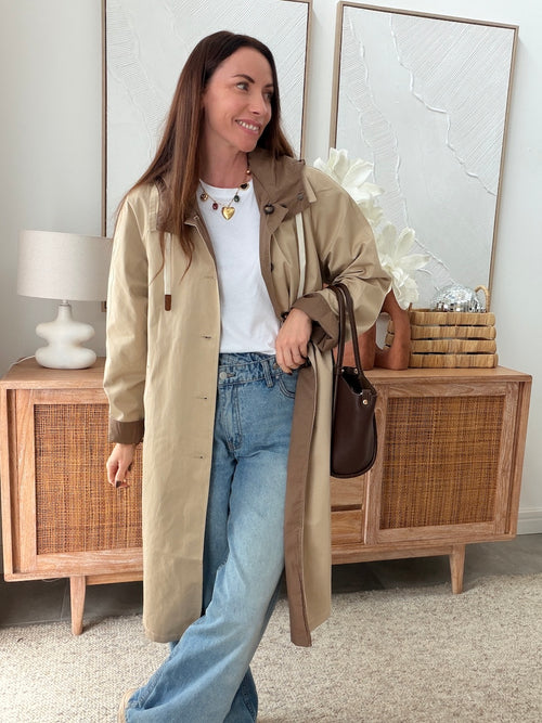 Veste longue réversible beige et marron à capuche – VENUS – photo 6