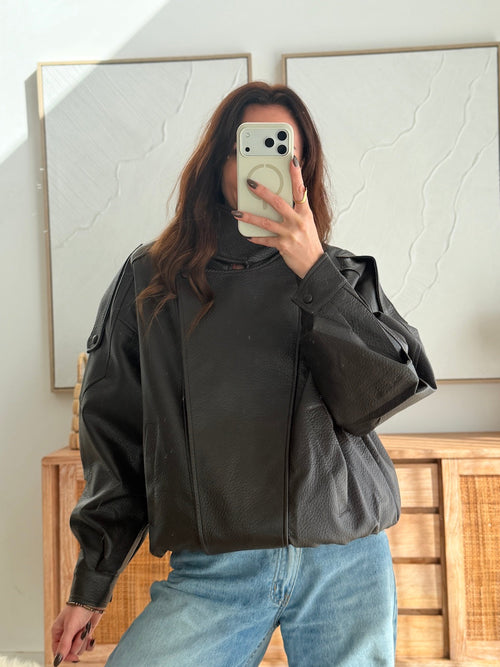 Veste oversize effet simili cuir chocolat col montant – ETHAN – photo 1