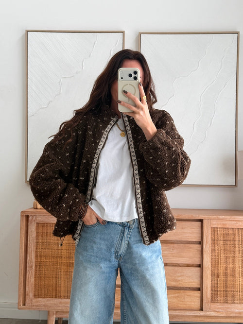 Veste polaire chocolat zippée à petits motifs – STACY – photo 2